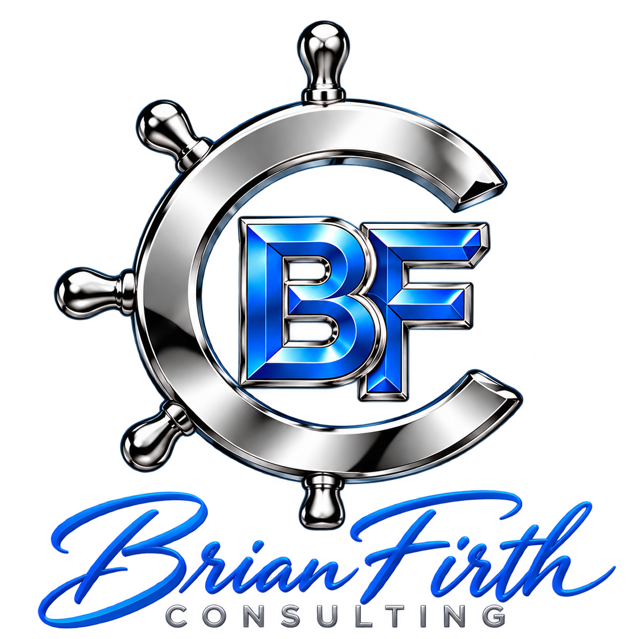 Brian Firth Consulting — chrome helm, blue BF initials and blue script lettering